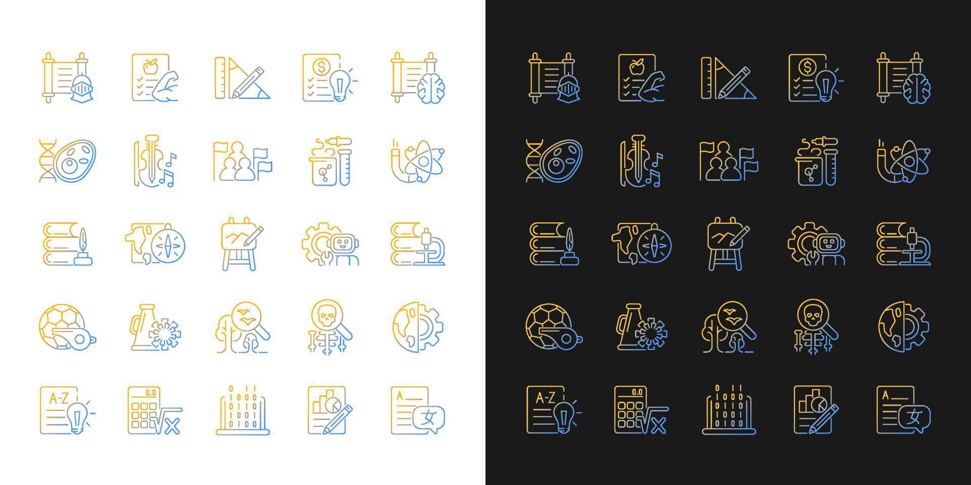 School subjects gradient icons set for dark and light mode. Humanities and applied sciences. Thin line contour symbols bundle. Isolated vector outline illustrations collection on black and white