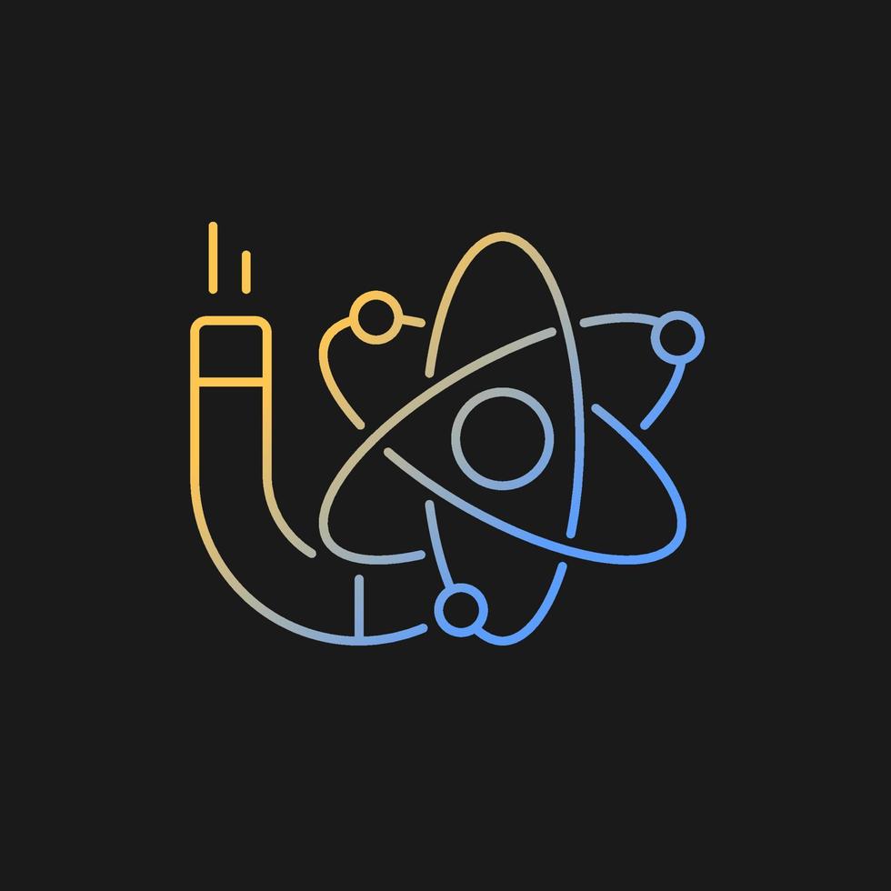 Physics gradient vector icon for dark theme. Image of atom, electrons, protons, neutrons. Stydying of energy, force. Thin line color symbol. Modern style pictogram. Vector isolated outline drawing