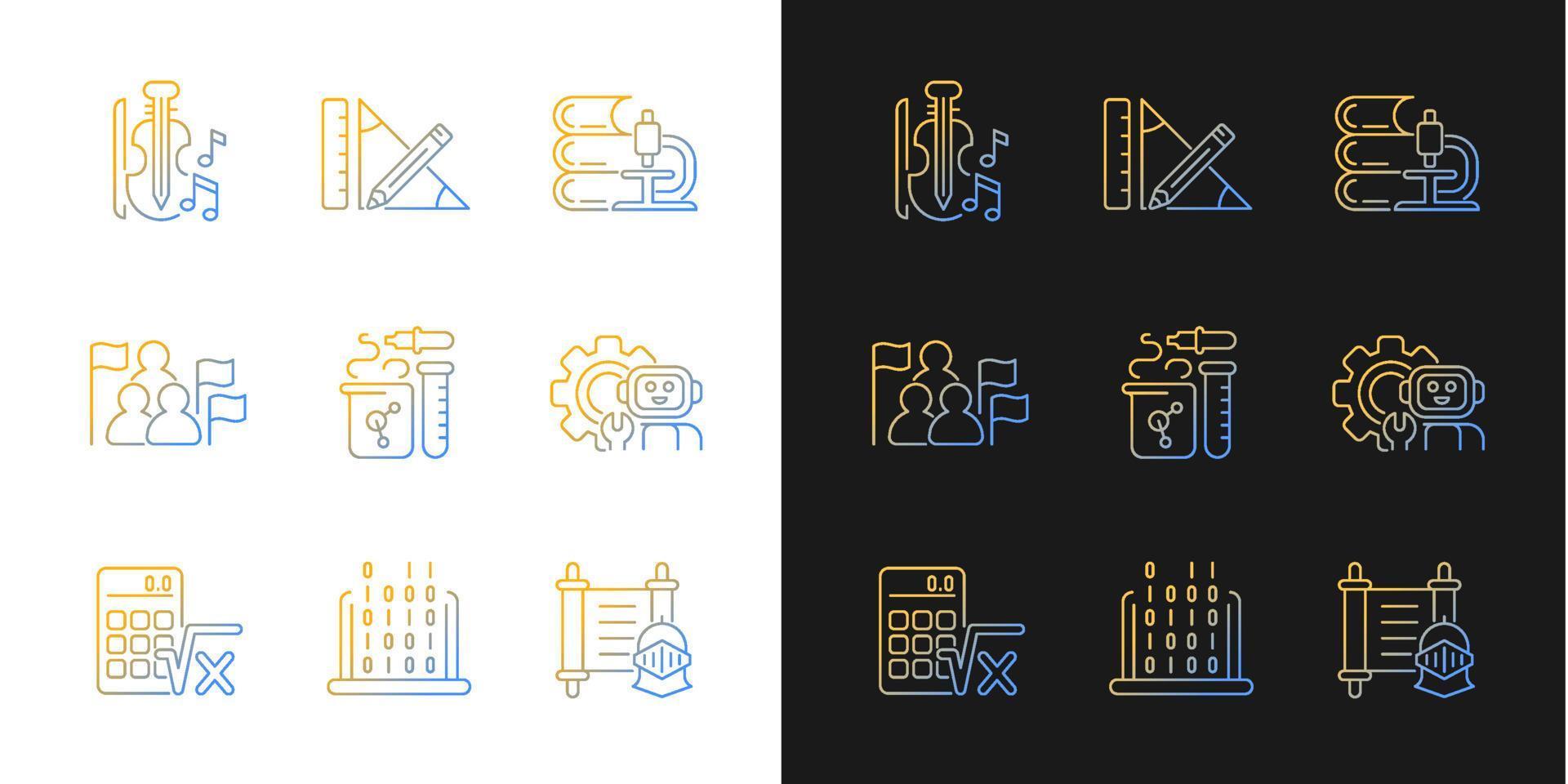Different types of school subjects gradient icons set for dark and light mode. Scientific study. Thin line contour symbols bundle. Isolated vector outline illustrations collection on black and white