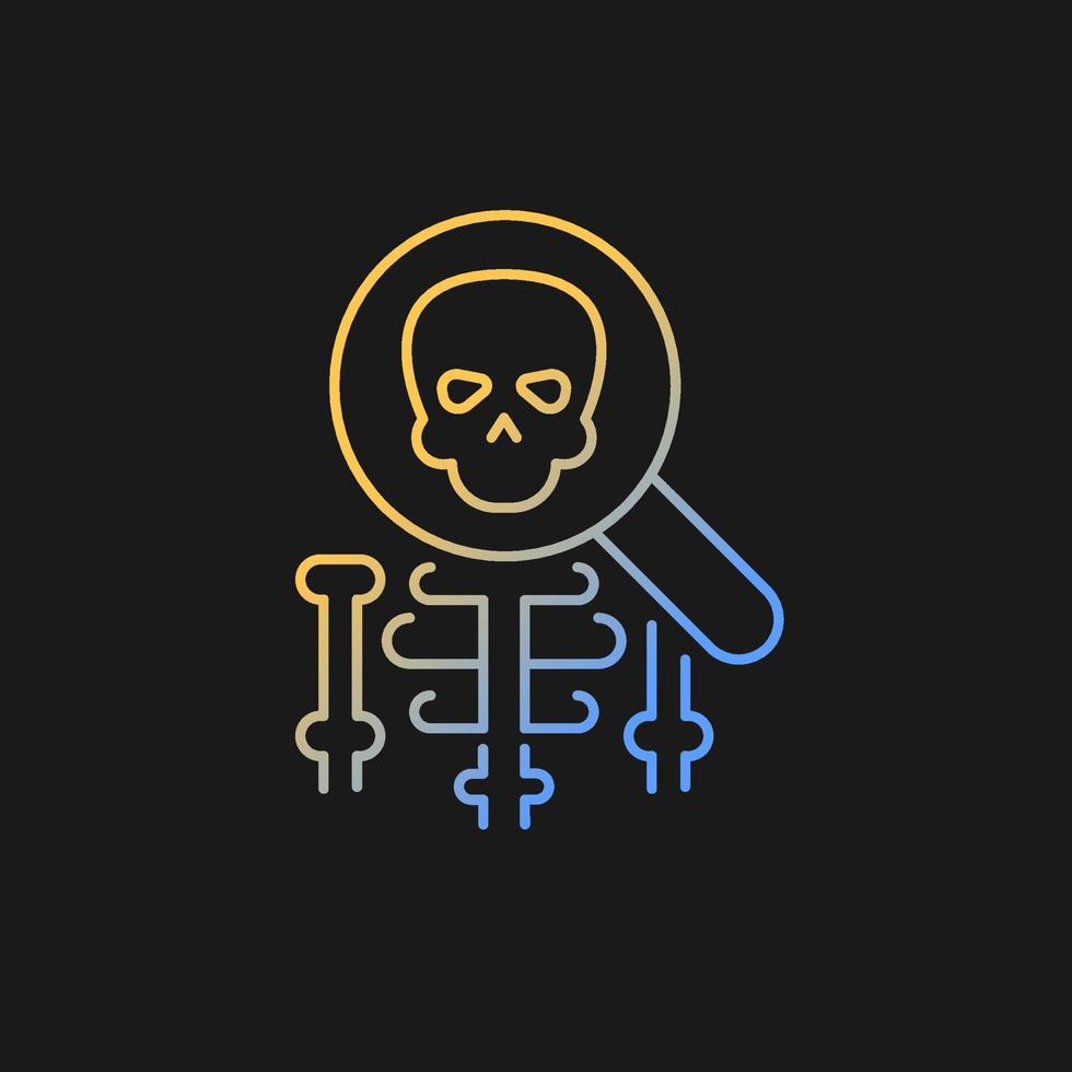 Anatomy gradient vector icon for dark theme. Human body structure study. Skeleton under magnifying glass. Thin line color symbol. Modern style pictogram. Vector isolated outline drawing