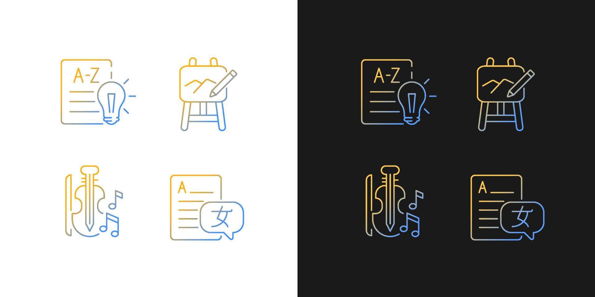 Variety of subjects in school gradient icons set for dark and light mode. Art classes. Thin line contour symbols bundle. Isolated vector outline illustrations collection on black and white