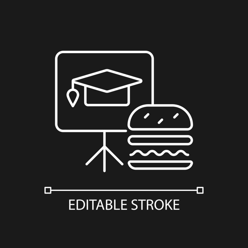 Lunch and learns white linear icon for dark theme. Training event. Break during workday. Thin line customizable illustration. Isolated vector contour symbol for night mode. Editable stroke