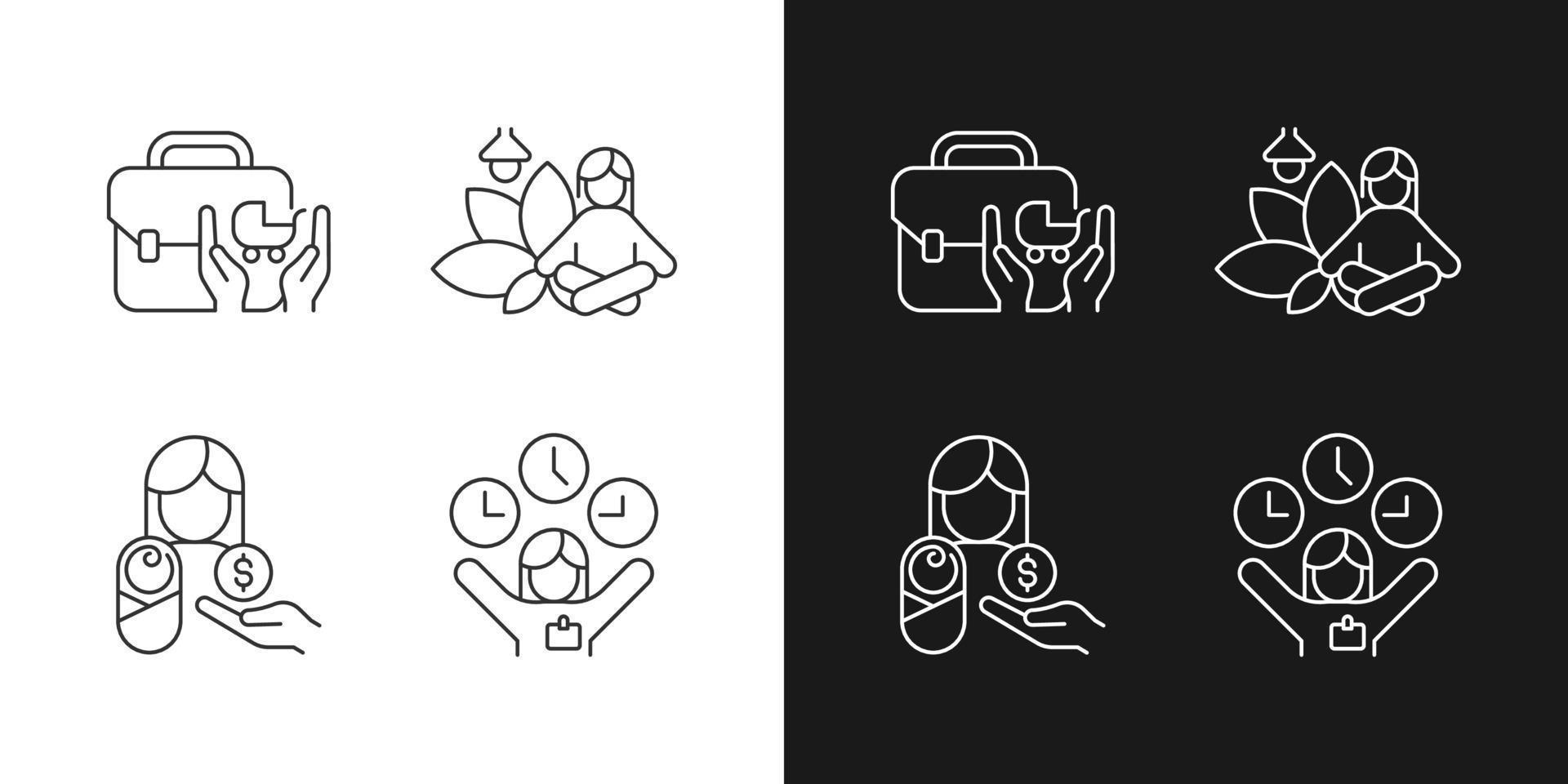 Employee incentives linear icons set for dark and light mode. Child care assistance. Meditative space at work. Customizable thin line symbols. Isolated vector outline illustrations. Editable stroke