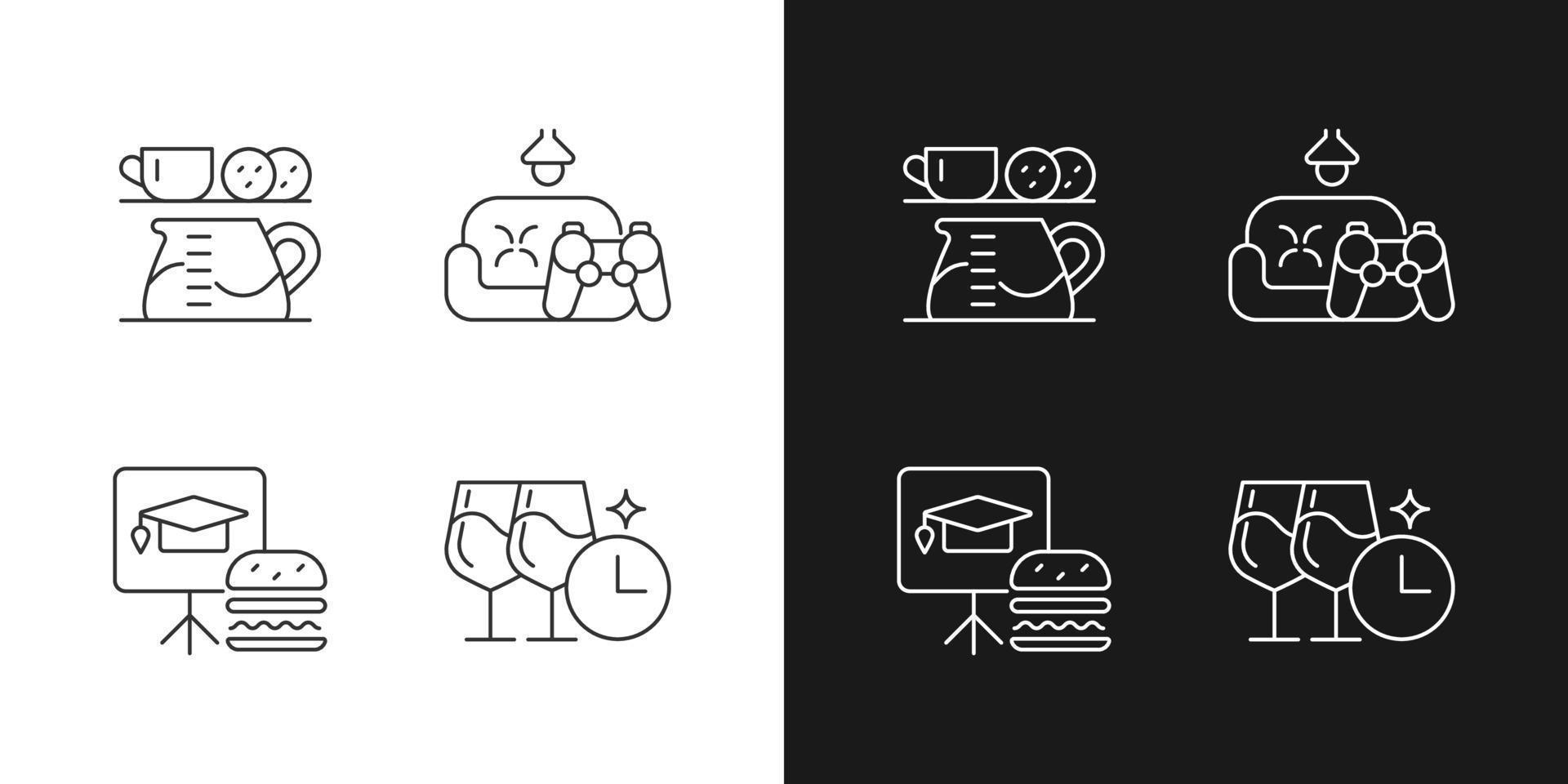 Employee engagement linear icons set for dark and light mode. Office coffee station. Game room. Training session. Customizable thin line symbols. Isolated vector outline illustrations. Editable stroke