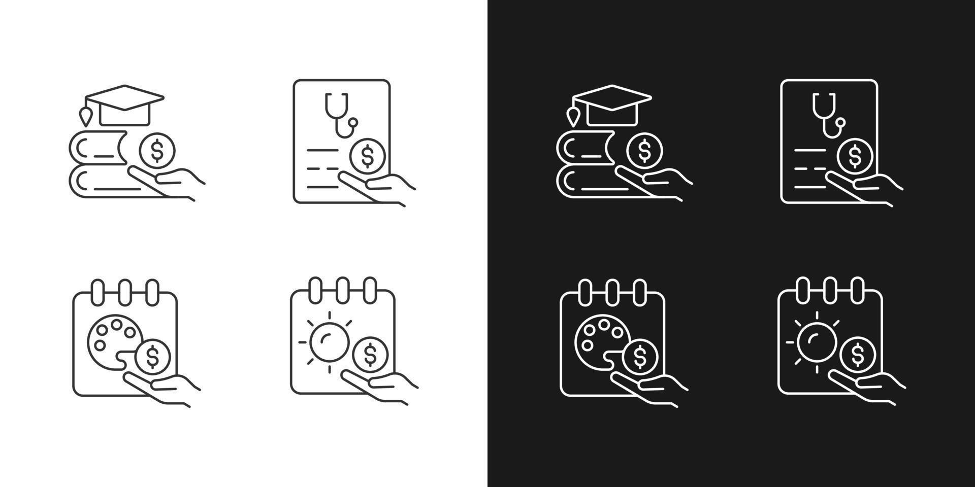 Workplace wellbeing benefits linear icons set for dark and light mode. Tuition reimbursement. Sabbatical leave. Customizable thin line symbols. Isolated vector outline illustrations. Editable stroke