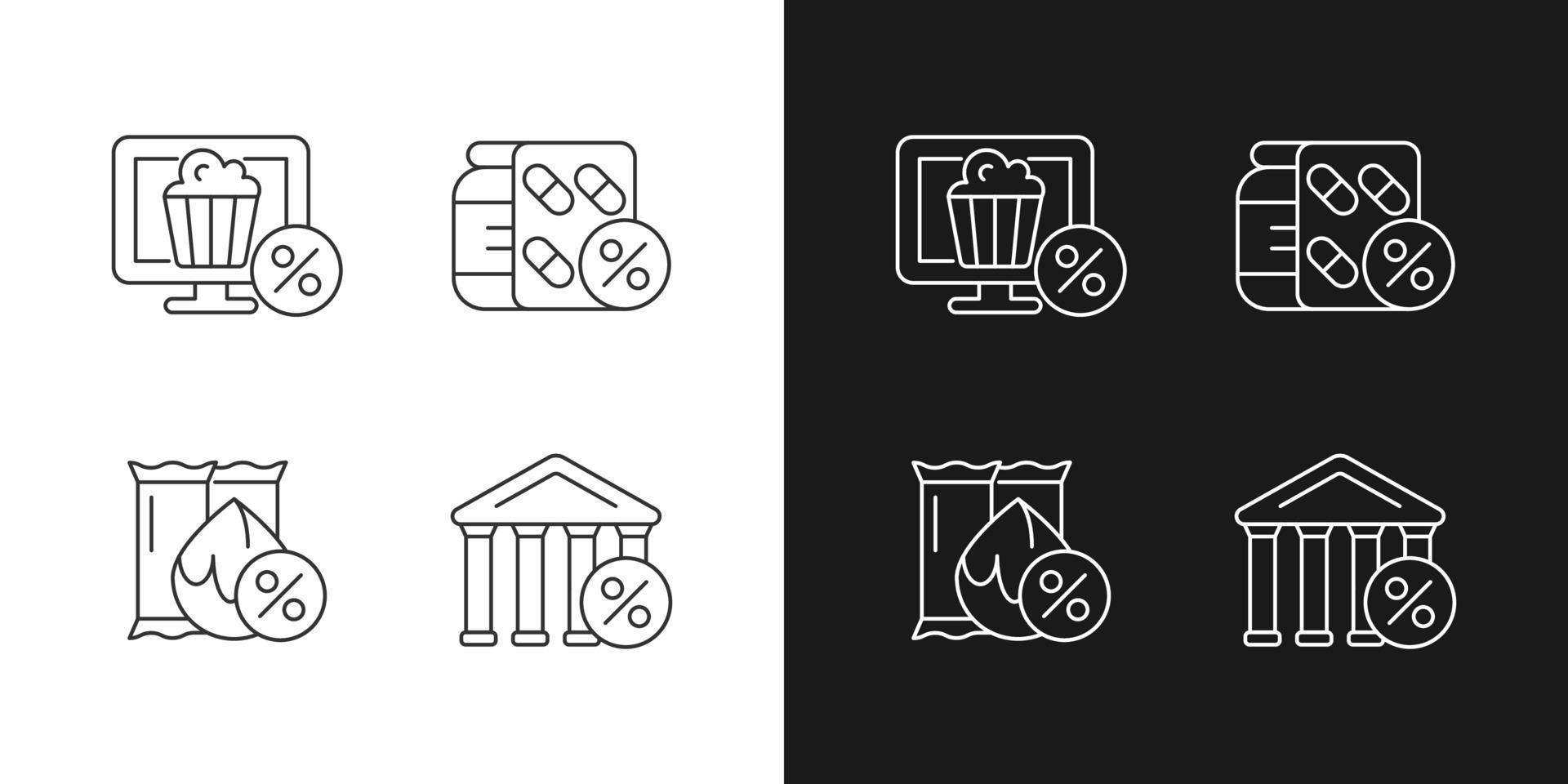 Employee discount scheme linear icons set for dark and light mode. Online cinema subscription. Reduced drug cost. Customizable thin line symbols. Isolated vector outline illustrations. Editable stroke