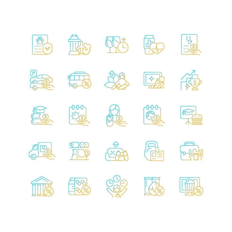 Employee perks and bonuses gradient linear vector icons set. Workplace benefits. Enhancing worker experience. Thin line contour symbols bundle. Isolated outline illustrations collection