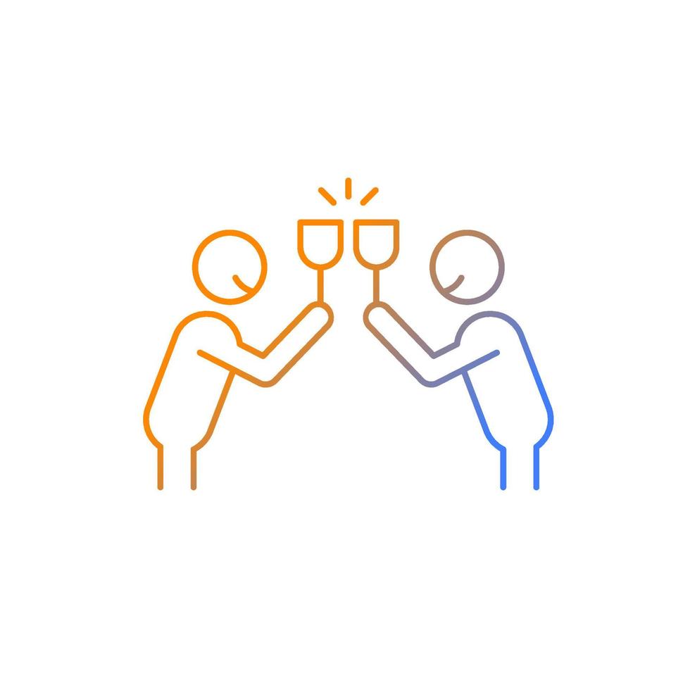 Clink glasses gradient linear vector icon. Two people clinking glasses with smiles. Celebration party. Toast proposing. Thin line color symbol. Modern style pictogram. Vector isolated outline drawing