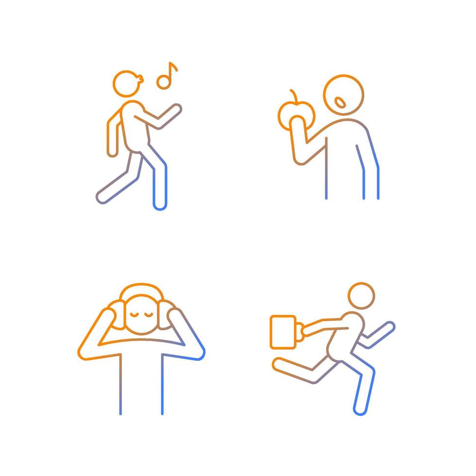Everyday activities gradient linear vector icons set. Healthy eating habits. Listening music. Singing karaoke. Healthy diet. Thin line contour symbols bundle. Isolated outline illustrations collection