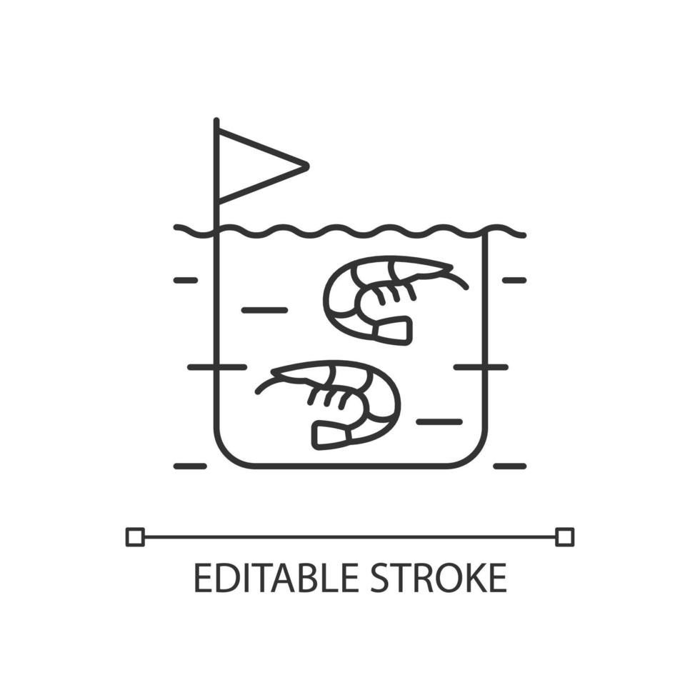 Shrimp farming linear icon. Prawn commercial production and breeding. Seafood industry. Thin line customizable illustration. Contour symbol. Vector isolated outline drawing. Editable stroke