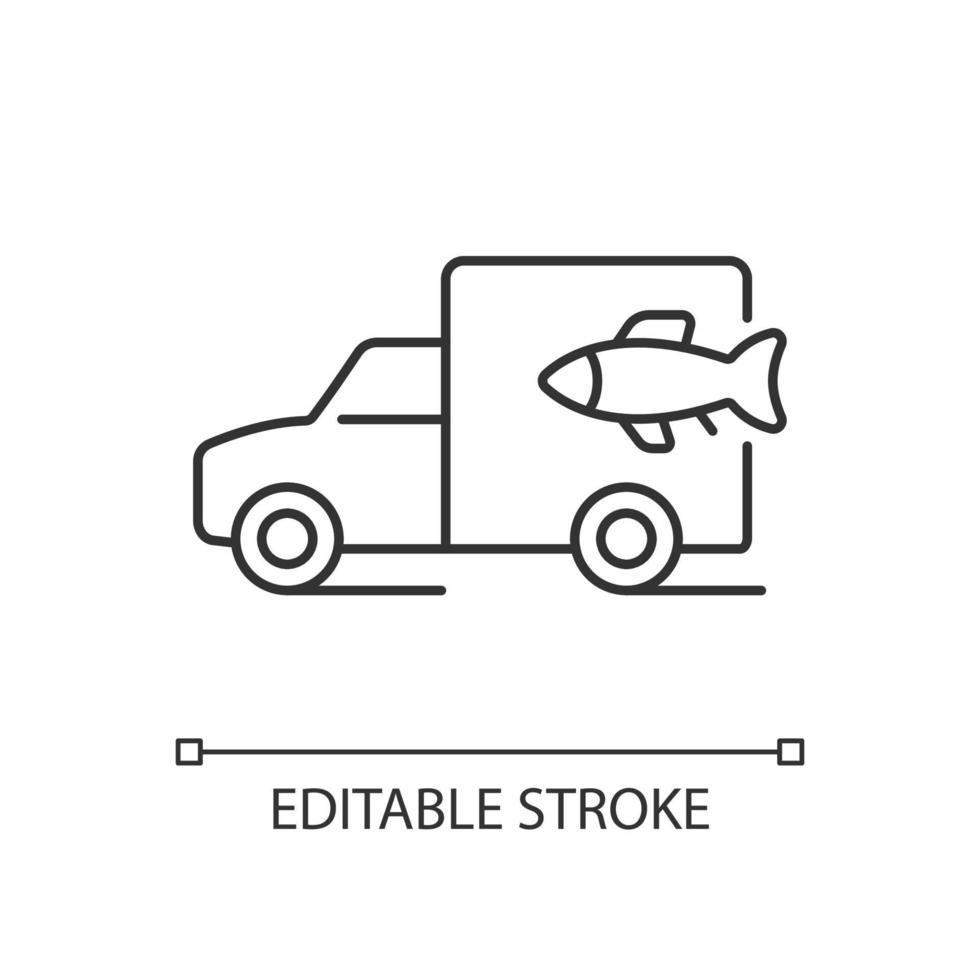 Fish transporting linear icon. Commercial transportation of aquaculture products. Thin line customizable illustration. Contour symbol. Vector isolated outline drawing. Editable stroke