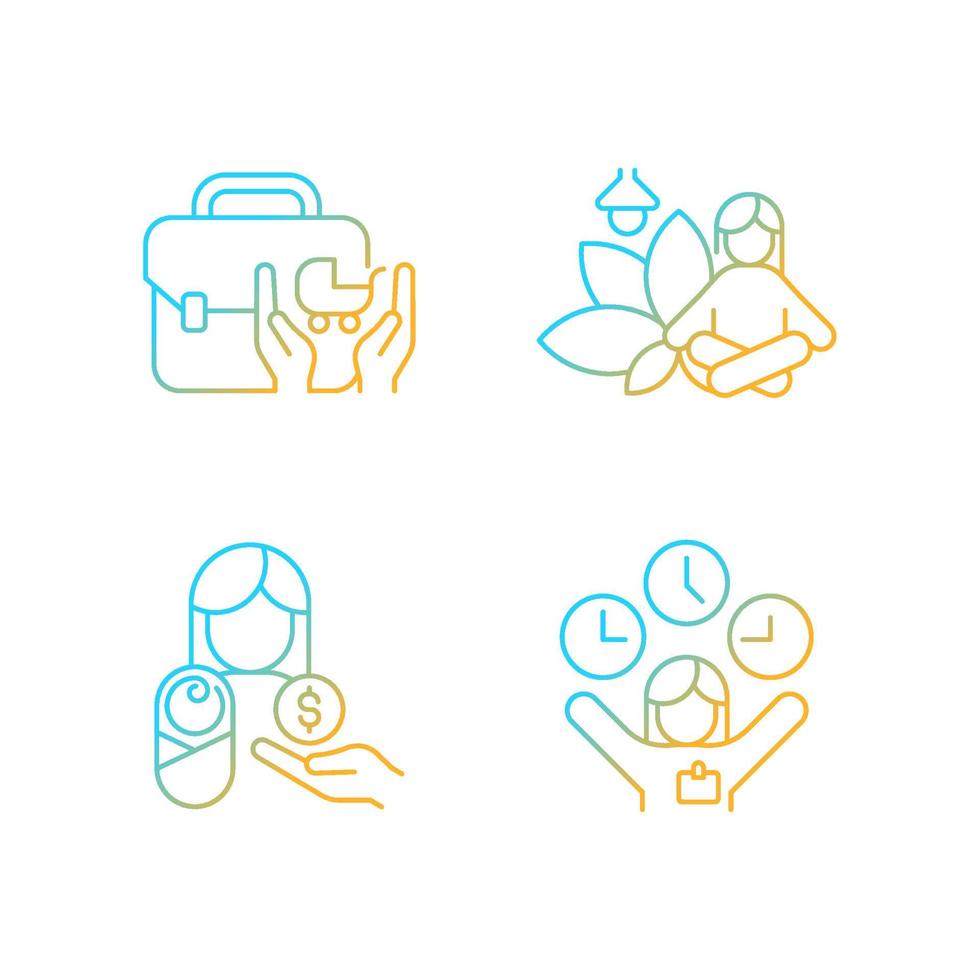 Employee incentives gradient linear vector icons set. Child care assistance. Meditative space at work. Flexible hours. Thin line contour symbols bundle. Isolated outline illustrations collection