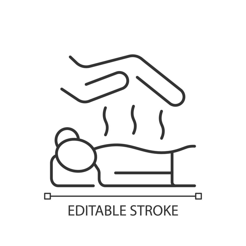 Reiki massage linear icon. Alternative medicine. Manipulate energy flow. Japanese technique. Thin line customizable illustration. Contour symbol. Vector isolated outline drawing. Editable stroke