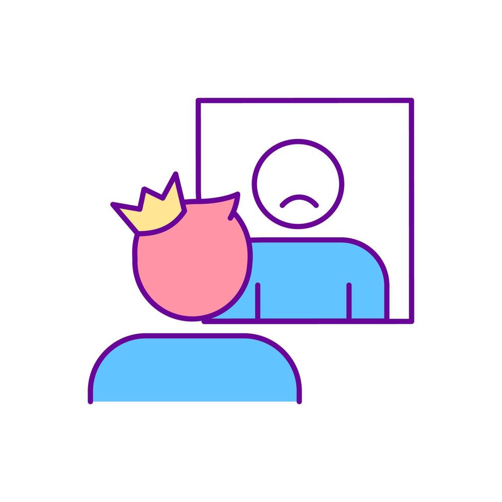 Person unhappy with success RGB color icon. Disappointed and dissatisfied person. Impostor syndrome. Psychological problem. Isolated vector illustration. Simple filled line drawing