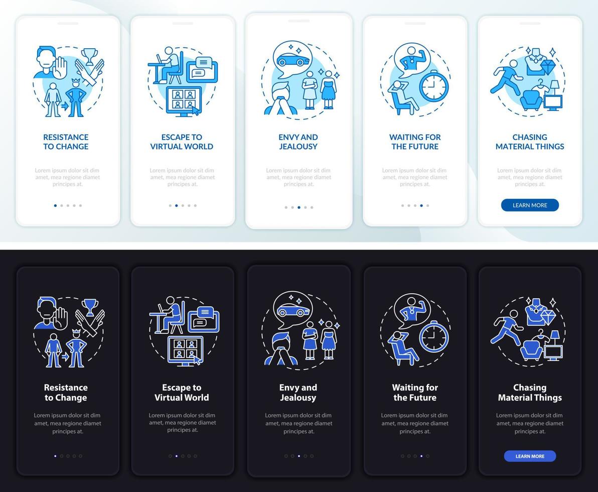 Happiness obstacles light and dark onboarding mobile app page screen. Walkthrough 5 steps graphic instructions with concepts. UI, UX, GUI vector template with linear night and day mode illustrations