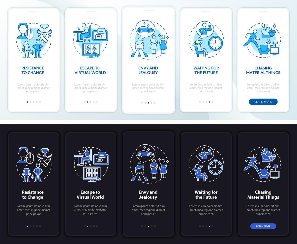 Obstáculos de felicidad pantalla de página de aplicación móvil de incorporación clara y oscura. tutorial 5 pasos instrucciones gráficas con conceptos. ui, ux, plantilla vectorial gui con ilustraciones lineales en modo día y noche vector