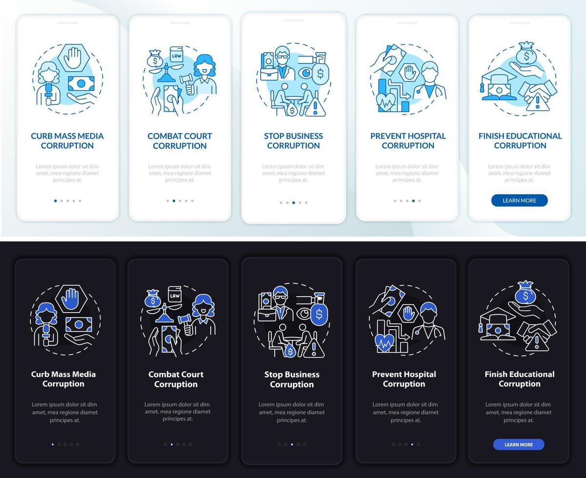 Corruption typese onboarding mobile app page screen. Fighting bribery walkthrough 5 steps graphic instructions with concepts. UI, UX, GUI vector template with linear night and day mode illustrations