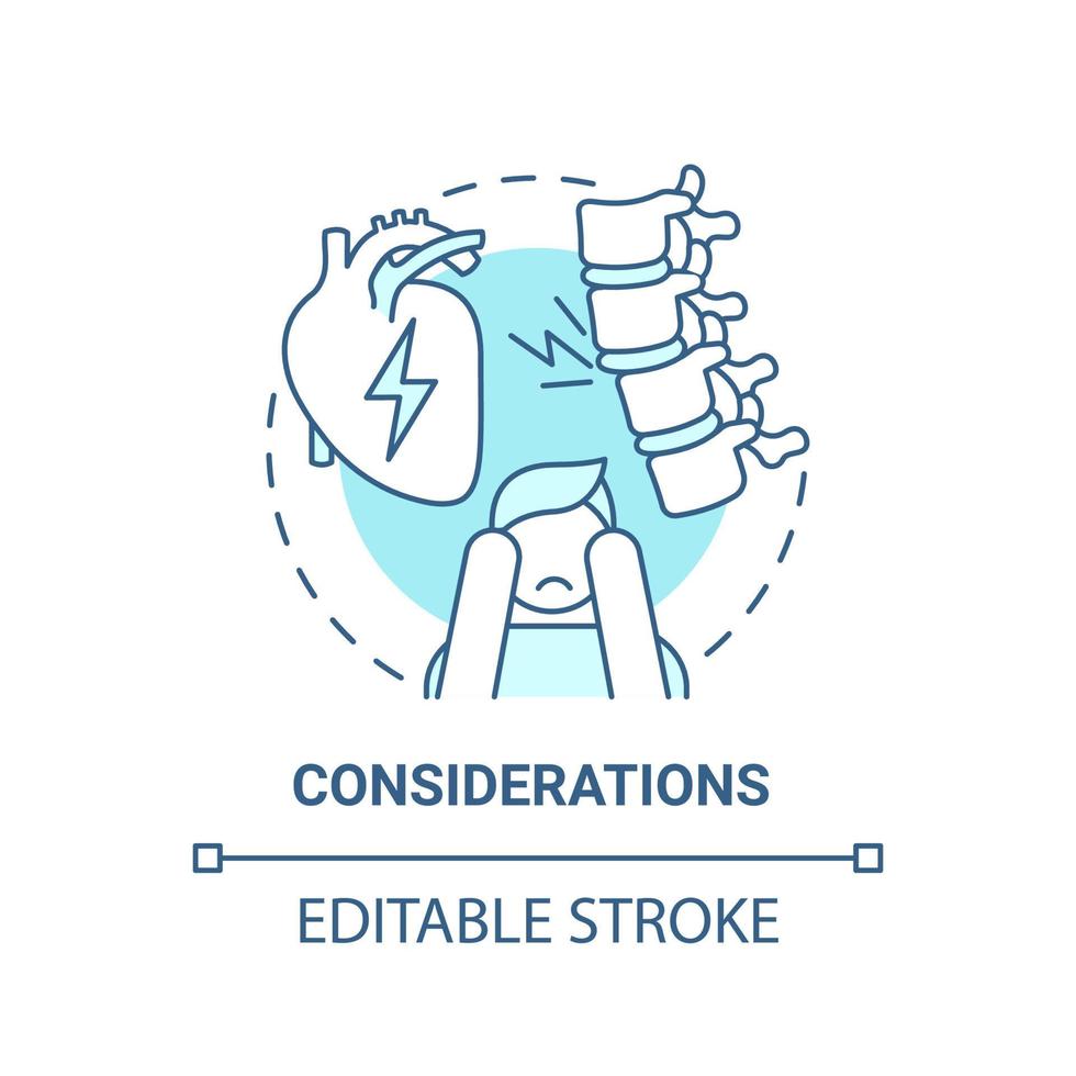 Considerations blue concept icon. Pulmonary rehabilitation abstract idea thin line illustration. Treatment difficulties awareness. Vector isolated outline color drawing. Editable stroke