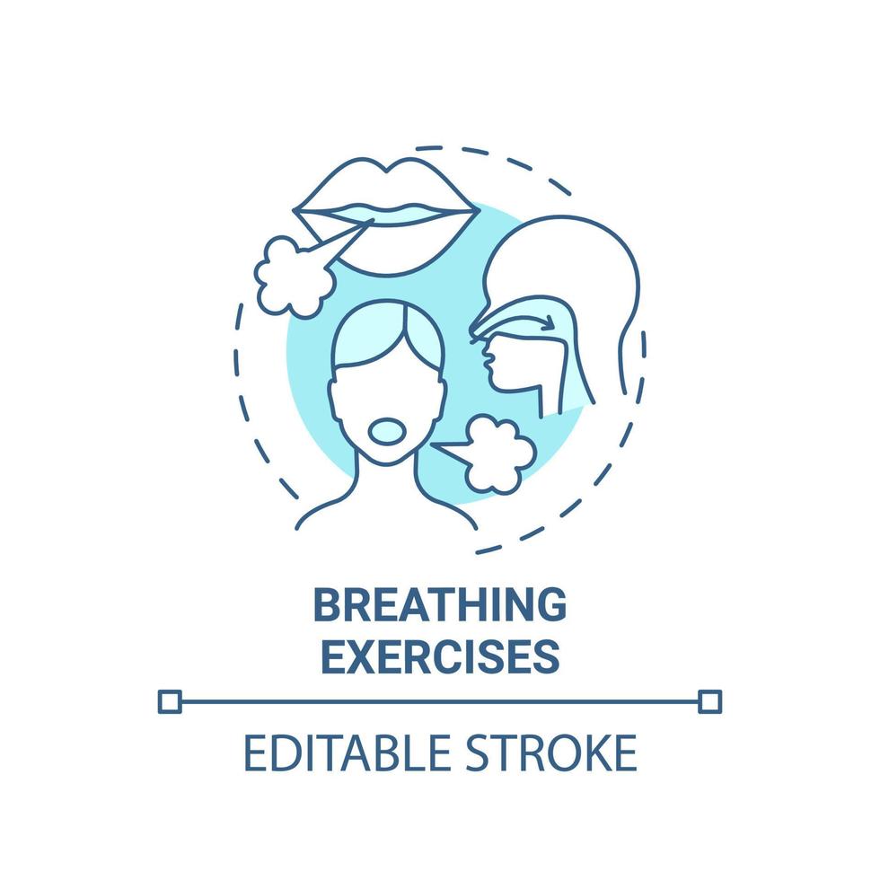 Breathing exercises blue concept icon. Respiratory rehabilitation abstract idea thin line illustration. Diaphragmatic and deep breathing. Vector isolated outline color drawing. Editable stroke