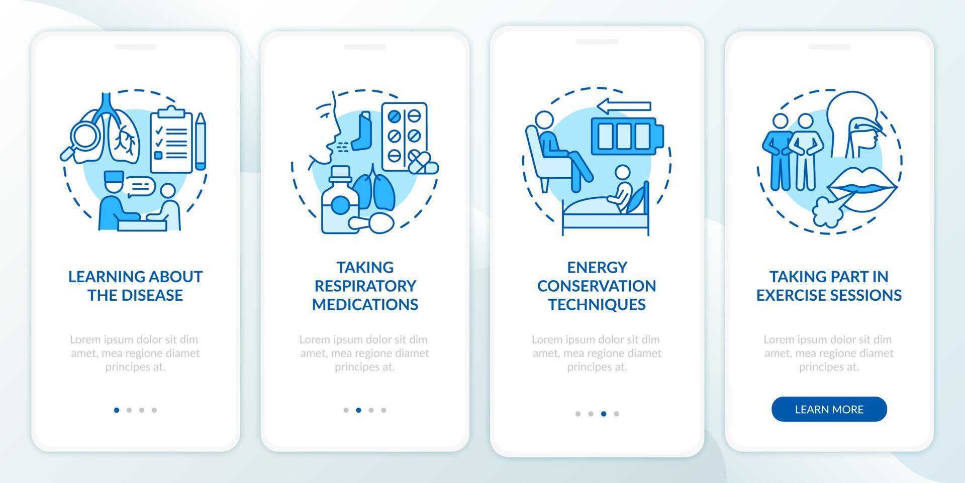 Pulmonary rehab program blue onboarding mobile app page screen. Treatment walkthrough 4 steps graphic instructions with concepts. UI, UX, GUI vector template with linear color illustrations