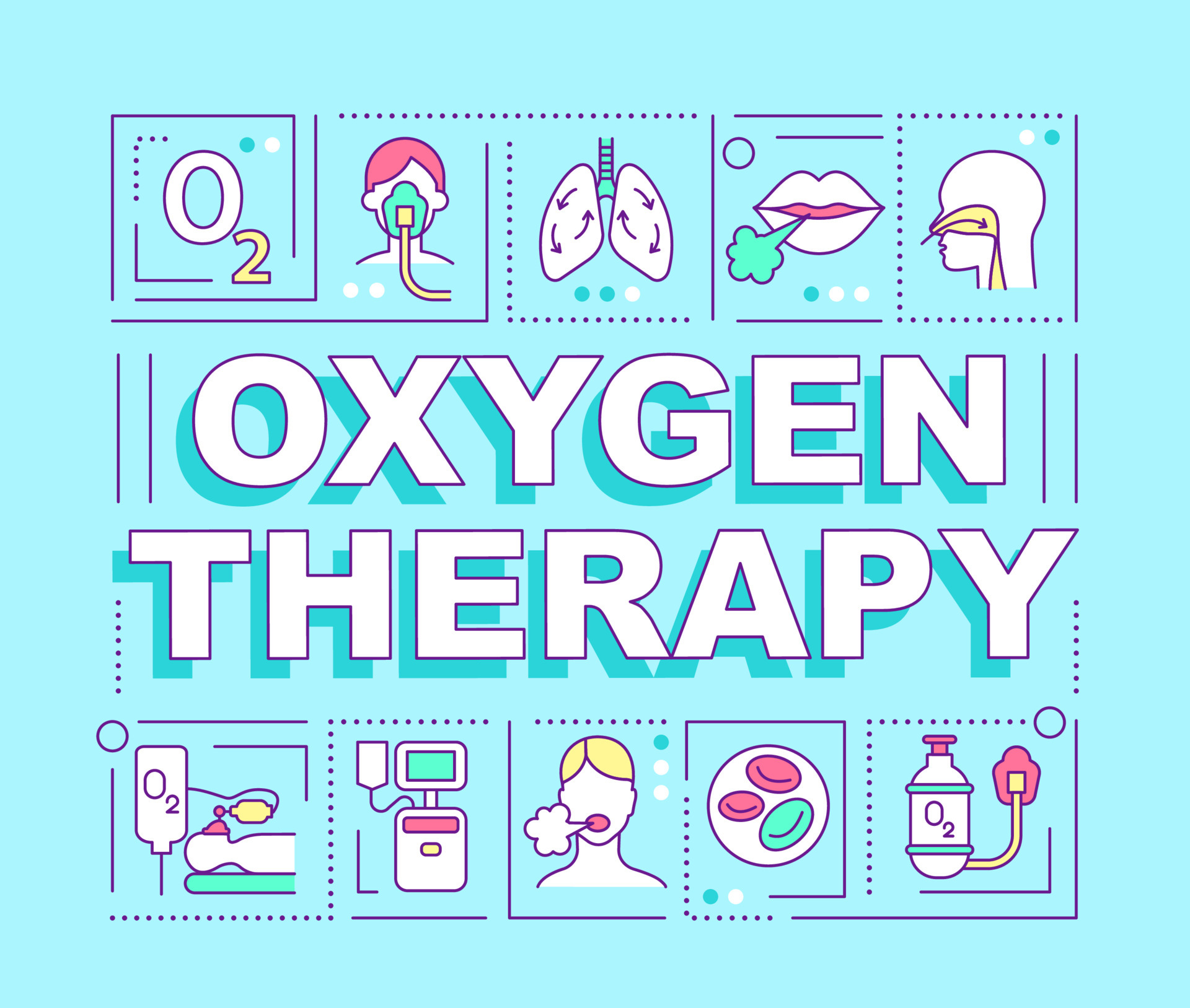 Oxygen therapy word concepts banner. Pulmonary rehabilitation
