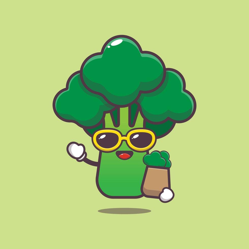 lindo personaje de dibujos animados de brócoli en gafas de sol con bolsa de compras vector