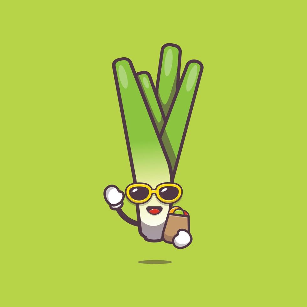 lindo personaje de dibujos animados de puerro en gafas de sol con bolsa de compras vector