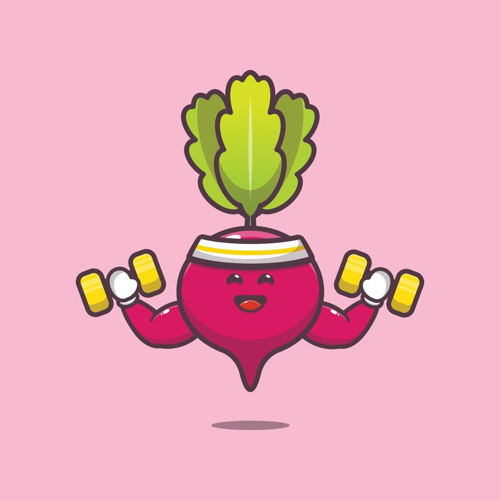 cute radish cartoon character lifting dumbbell vector