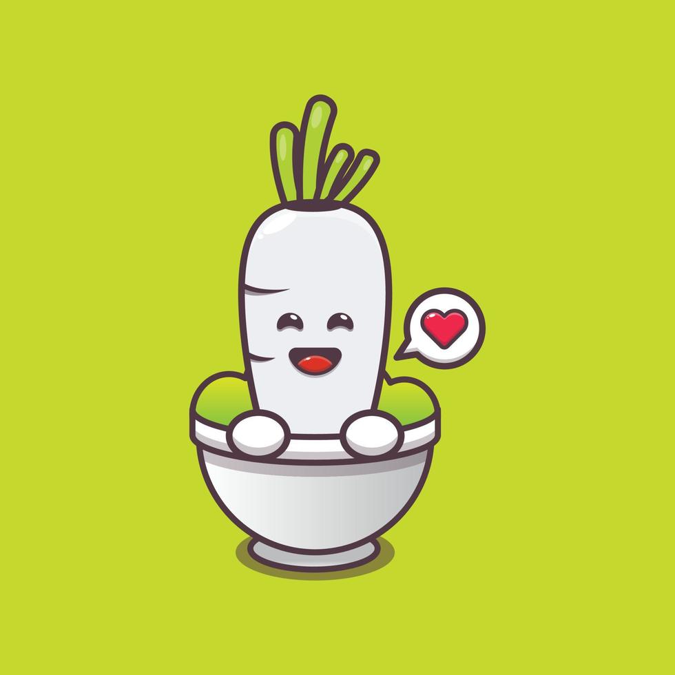 cute white radish cartoon character in bowl vector