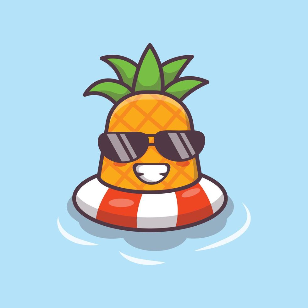 lindo personaje de mascota de dibujos animados de piña en gafas de sol en el flotador de la piscina vector