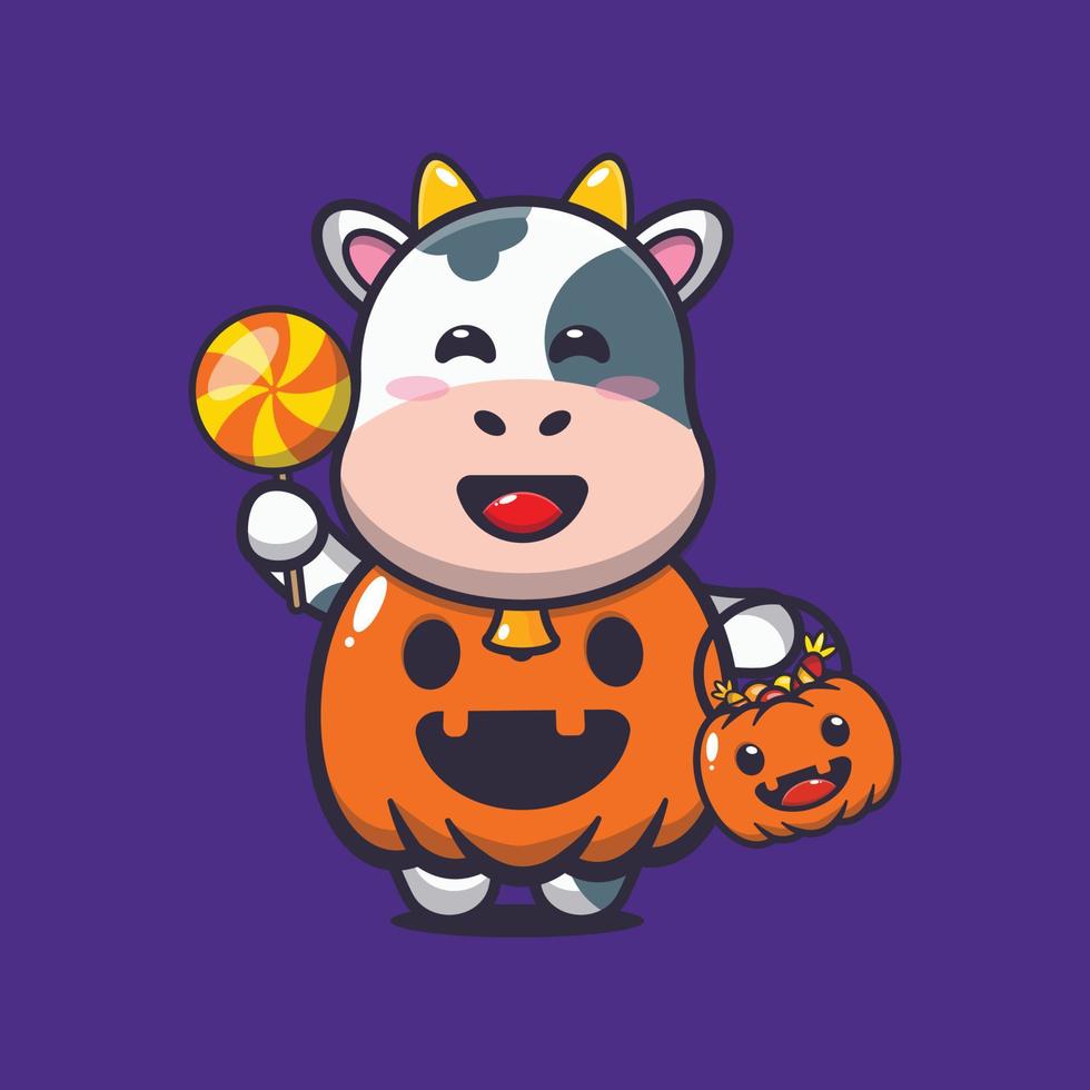 linda vaca con disfraz de calabaza de halloween vector