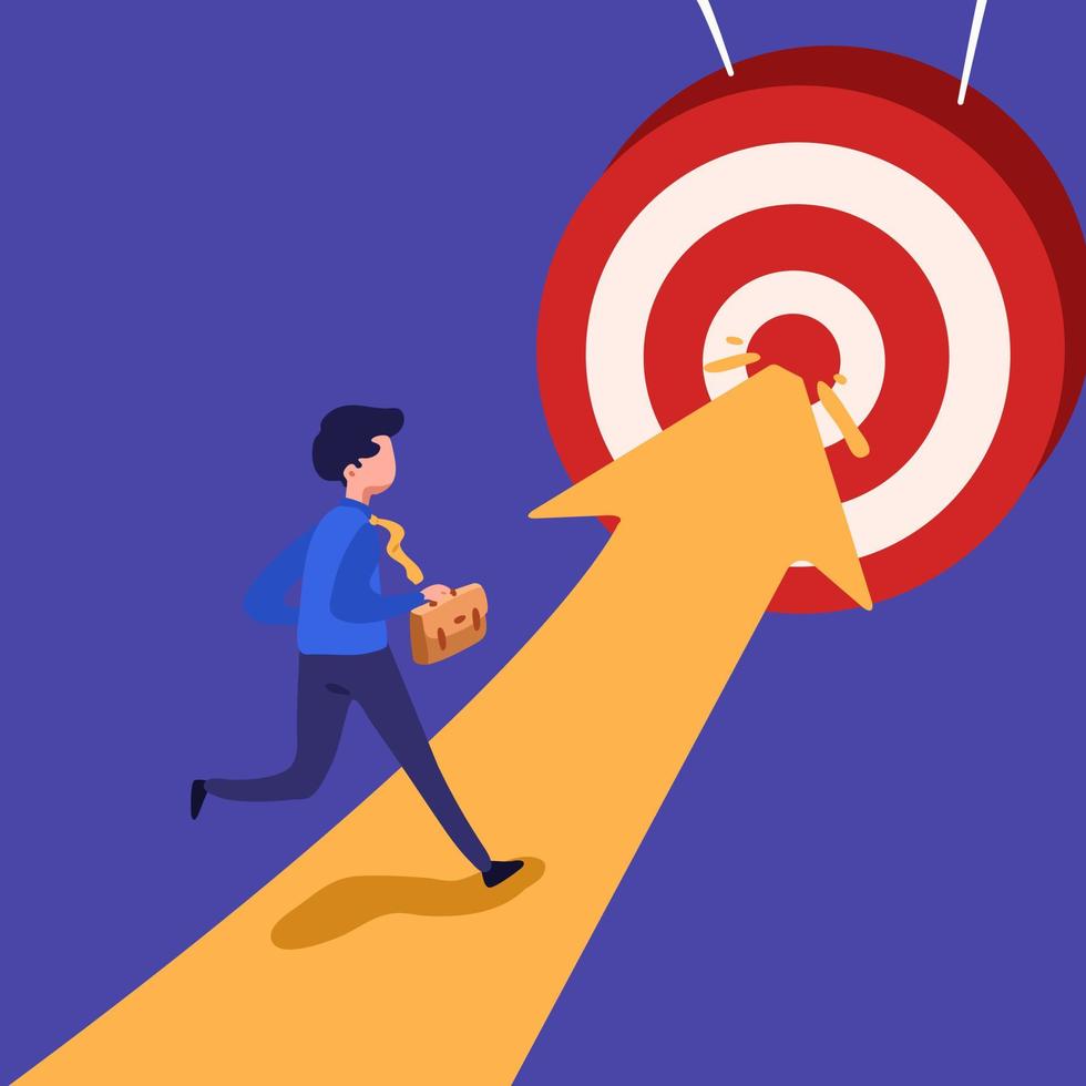 Business concept design businessman running toward goal. Reach target. Worker run arrow which hitting bullseye target, achievement. Symbol of success, growth. Vector illustration flat cartoon style