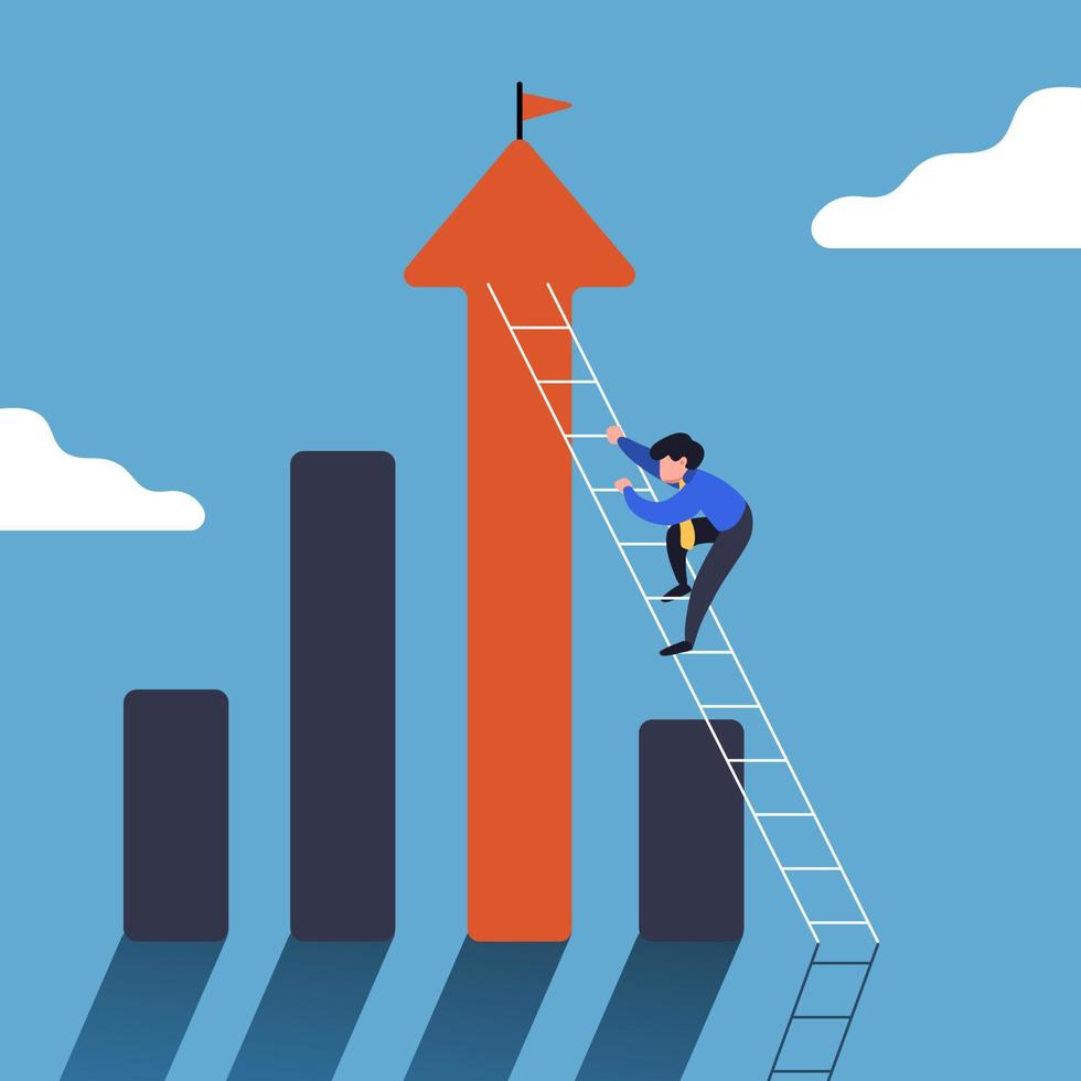 Business concept design businessman climbing on infographics column with ladder. Step grow business. Improvement or development to achieve goal, growth journey. Vector illustration flat cartoon style