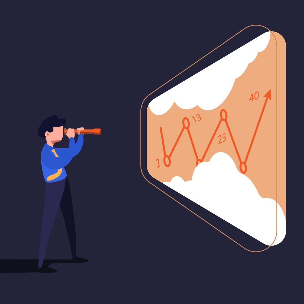 Business concept flat design worker holding telescope searching for opportunity. Financial businessman standing with binoculars looking for opportunities in front of rising chart. Vector illustration