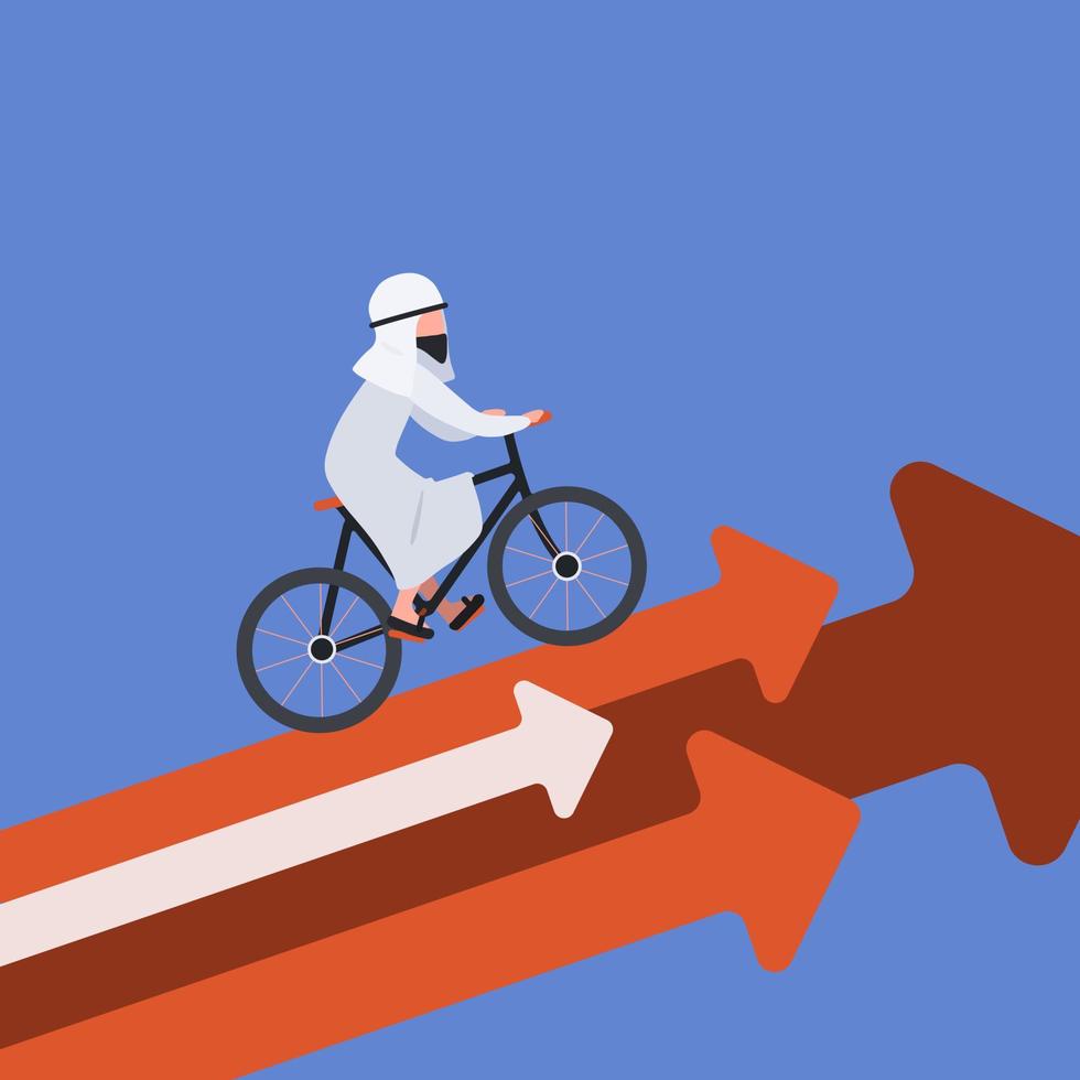 Business concept flat style Arabic businessman riding bicycle on arrow. Worker riding bike on rising arrow. Business metaphor. Successful, man go up at bicycle. Chart go up. Design vector illustration