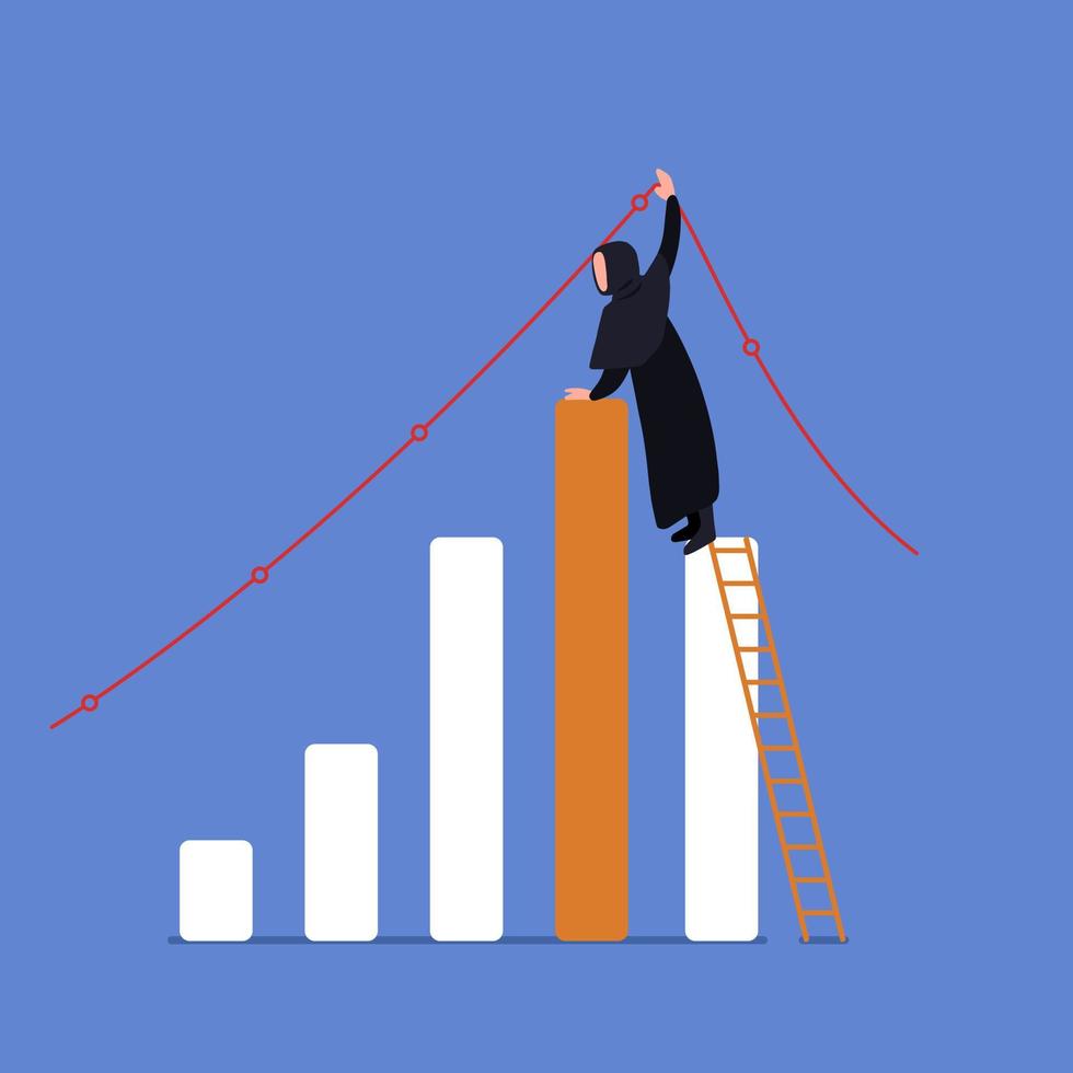 empresaria árabe de dibujo plano de negocios subiendo una escalera para ajustar el gráfico de tendencia alcista en la pared. representa el éxito financiero, el mercado de valores alcista, las ganancias, el crecimiento. ilustración vectorial de dibujos animados vector