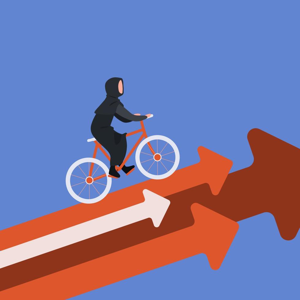 Business concept flat isolated of Arabian businesswoman riding bicycle on arrow. Worker riding bike on rising arrow. Business metaphor. Successful, female go up at bicycle. Design vector illustration