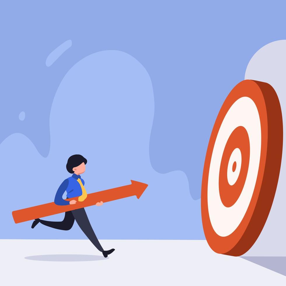 Business concept design businessman run and holding arrow spear to hit target. Goal achievement, successful business, hard working for goal, aim mission challenge. Vector illustration flat cartoon