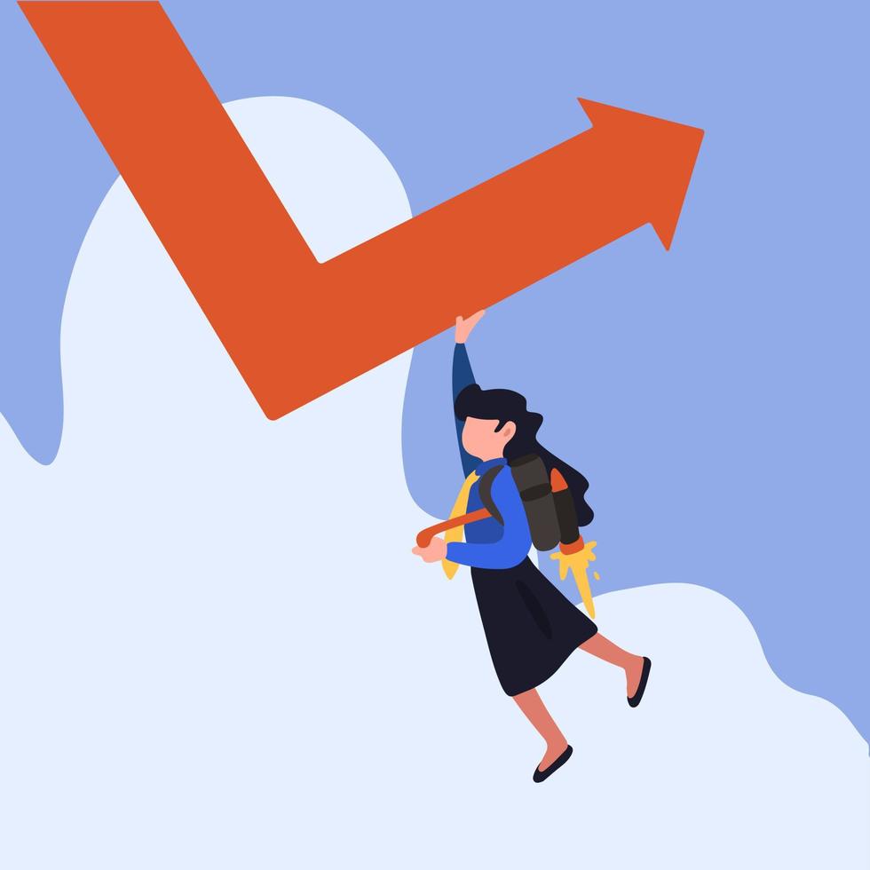 Business concept design cute businesswoman with jetpack turning direction of graph to point upward. Female manager making business profitable. Growth, challenge. Vector illustration flat cartoon style
