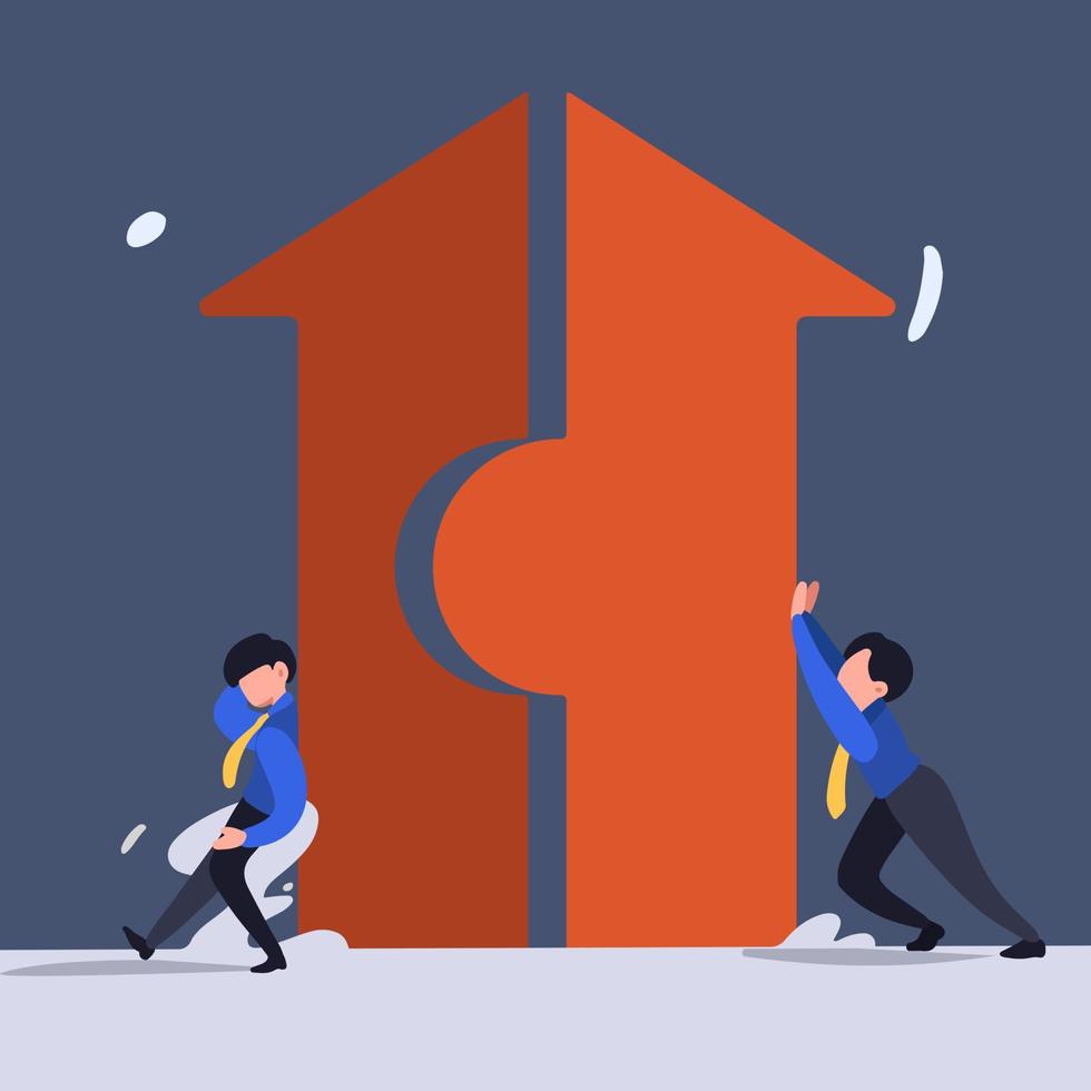Business flat drawing businessman merging arrows together. Male workers pushing arrow shape puzzle to unite. Teamwork concept. Two men pushing puzzles composed of arrow. Cartoon vector illustration