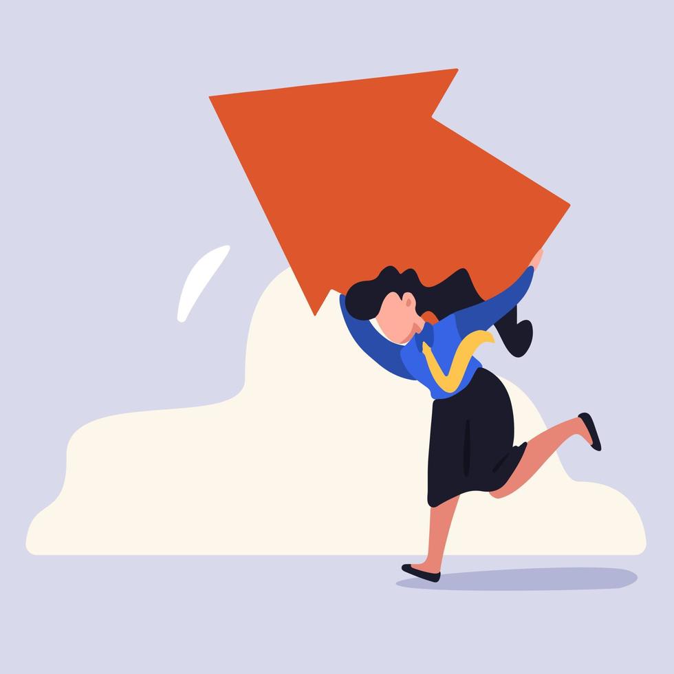 Business flat drawing young businesswoman carrying heavy arrows. Motivated female manager carry huge arrow face up on back reach financial stability and goal achievement. Cartoon vector illustration