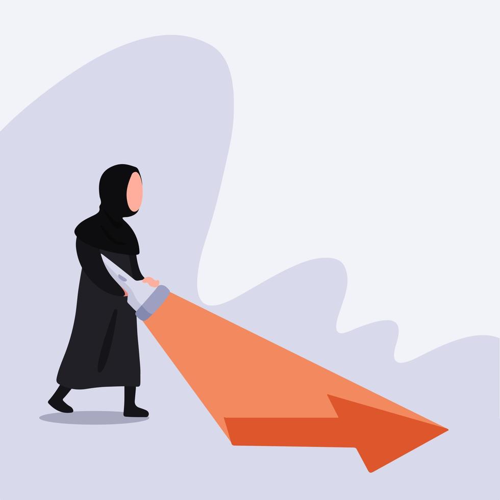 Business concept flat Arabian businesswoman with flashlight uncovering hidden arrow sign. Searching direction clue. Uncovering direction. Idea of discovering hidden success. Design vector illustration