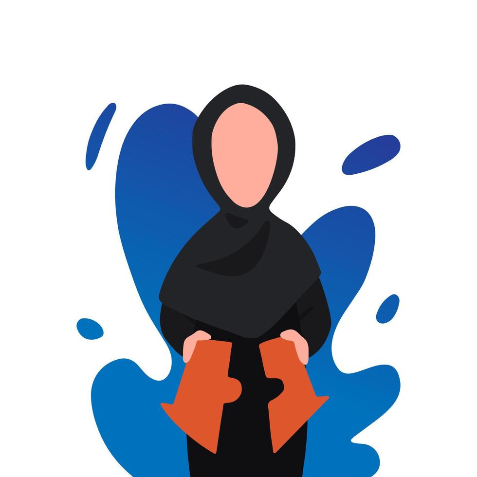 Business flat drawing Arabian businesswoman put arrows together. Cooperation, support, merger, acquisition concept. Young female worker unite puzzle parts of arrow icon. Cartoon vector illustration