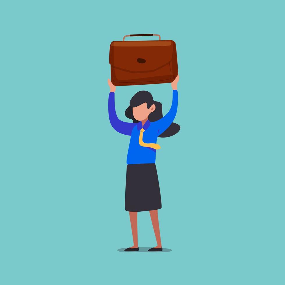 Business flat drawing active businesswoman lifting up briefcase. Female manager raising up suitcase. Concept of winning, happy, reaching goal, rejoices, achieved success. Cartoon vector illustration