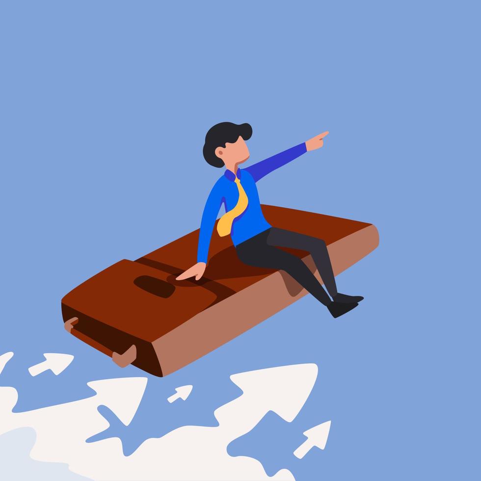 Business concept flat businessman sitting and flying on leather business briefcase in the sky. Points direction forward. Financial business success and development. Graphic design vector illustration