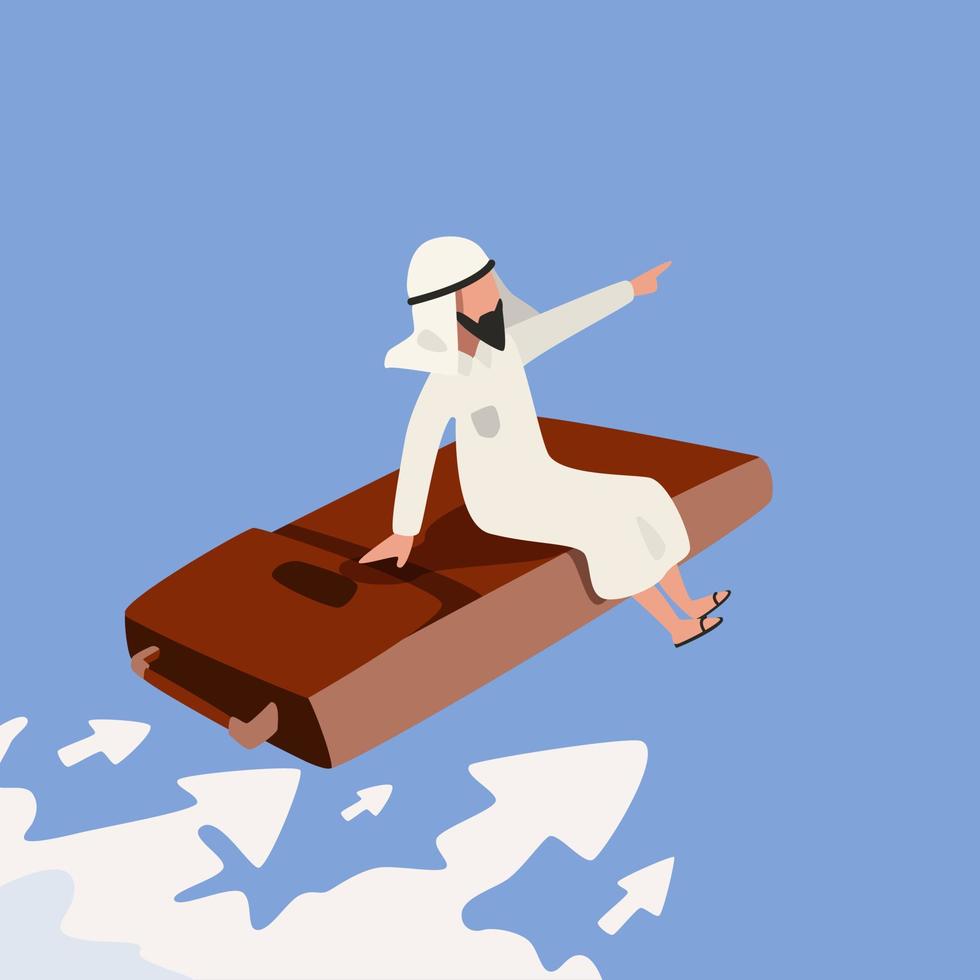 Business flat drawing Arabian businessman sitting and flying on leather business briefcase in the sky. Points direction forward. Financial business success and development. Cartoon vector illustration
