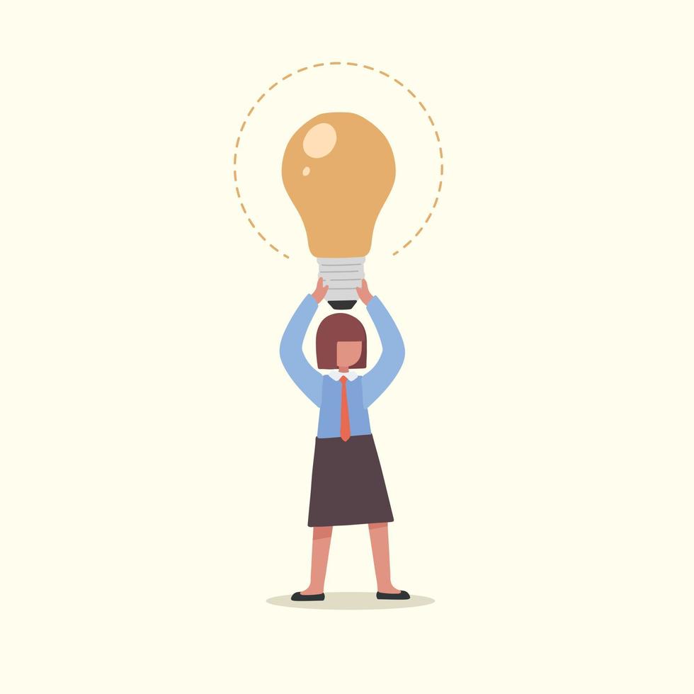 Business concept design creative businesswoman lifting big lightbulb over head. Metaphor for new business ideas, entrepreneurship. Creativity, insights, inspiration. Vector illustration flat cartoon