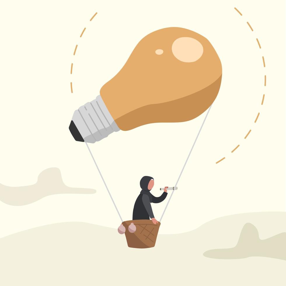 Business concept design Arabic businesswoman flying on air balloon with light bulb. Female character looking through spyglass search of creative idea. Business vision. Vector illustration flat cartoon