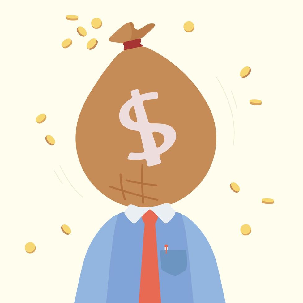 concepto de negocio estilo plano aislado de hombre de negocios codicioso con bolsa de dinero en lugar de cabeza, simbolizando avaricia, corredor, dinero, éxito. bolsa de dinero con signo de dólar. ilustración vectorial de diseño gráfico vector