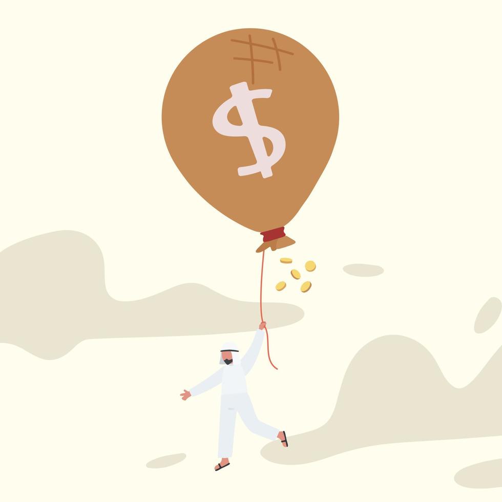 Business flat drawing Arabic businessman flying with money bag dollar balloon. Increase budget and capital business with investment. Success financial, cash, wealth people. Cartoon vector illustration